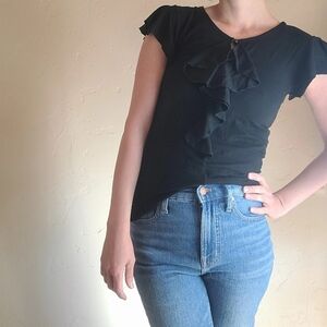 DKNY Womens Top Size Small Short Sleeve Black Ruffle Neck 